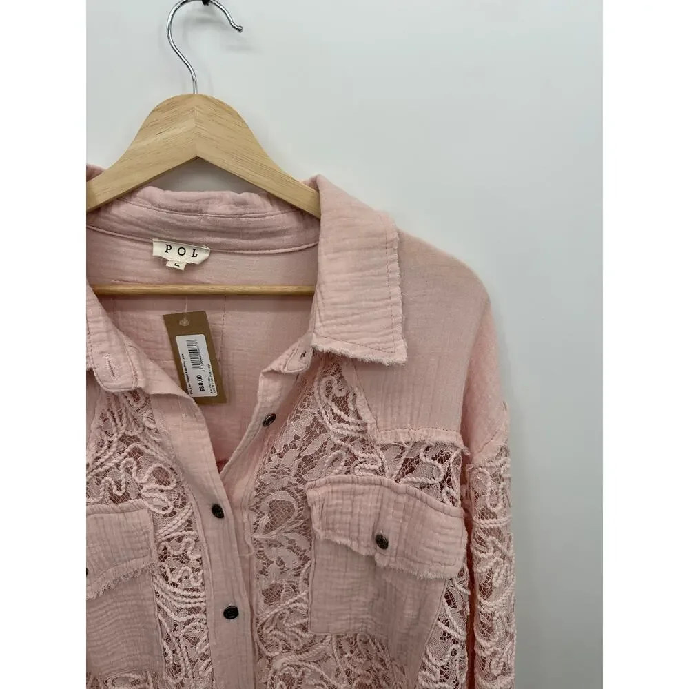 POL Lace Shacket Baby Pink Button Front Overshirt Jacket Women’s Large NWT - Picture 5 of 8
